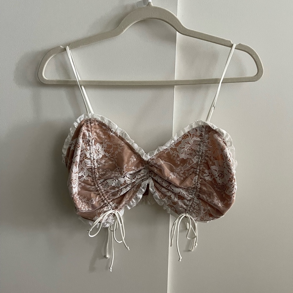 For Love & Lemons Pink Lace Ruched Cami Top